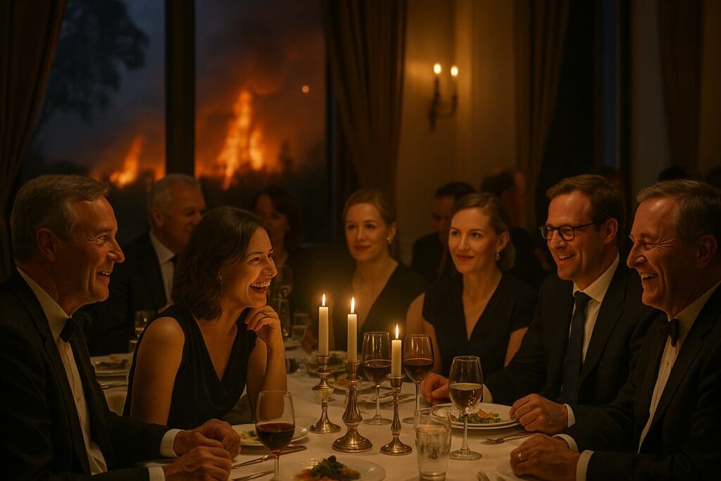 Guests Ignore a Burning Planet – Fiddling While Rome Burns Lavish dinner party guests ignore a burning planet outside the window in this climate crisis short story.