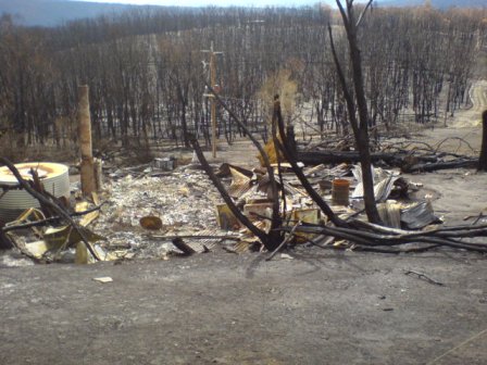 photo of a home destroyed by the Black Saturday bushfires, for the short story by Liezl Shnookal "Sitting Beside Bushfire Survivors"