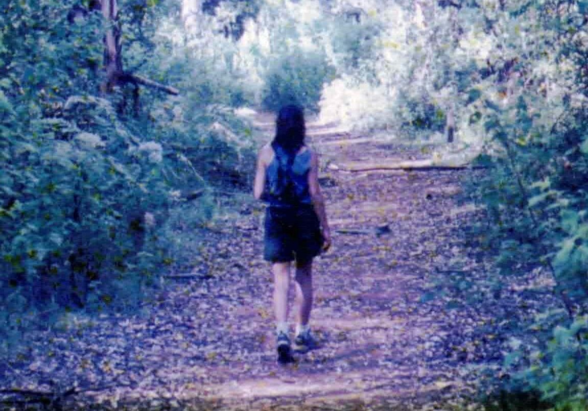 Person walking down a forest trail