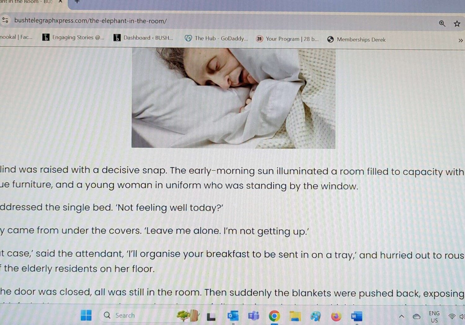 Old woman sleeping under white blanket in bed and text on a screen - an illustration about story layout options.