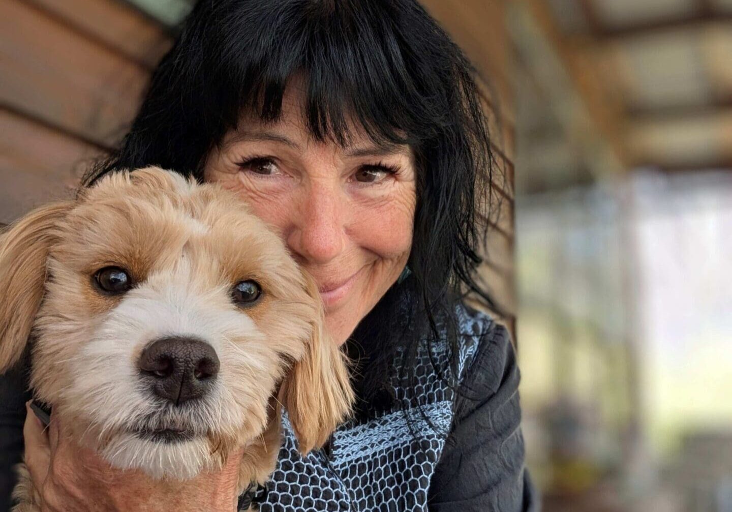 Liezl Shnookal with her Groodle pup Misha - a scene from Liezl's blog post A Progress Report.